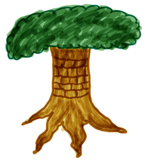 A drawing of a tree with roots and leaves representing a 'build tree' and more generally the build-engineering discipline.
